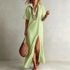 Marlowe - Women's Striped Collared Maxi Dress with Side Slit 1