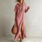 Marlowe - Women's Striped Collared Maxi Dress with Side Slit 2