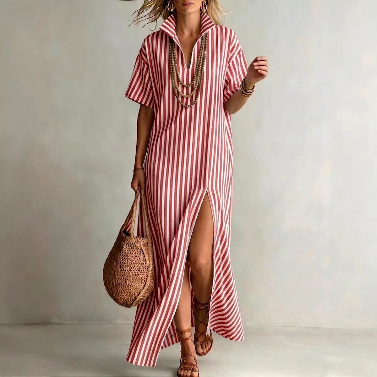 Marlowe - Women's Striped Collared Maxi Dress with Side Slit 2