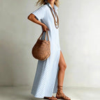 Marlowe - Women's Striped Collared Maxi Dress with Side Slit 3