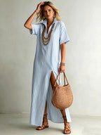 Marlowe - Women's Striped Collared Maxi Dress with Side Slit 4