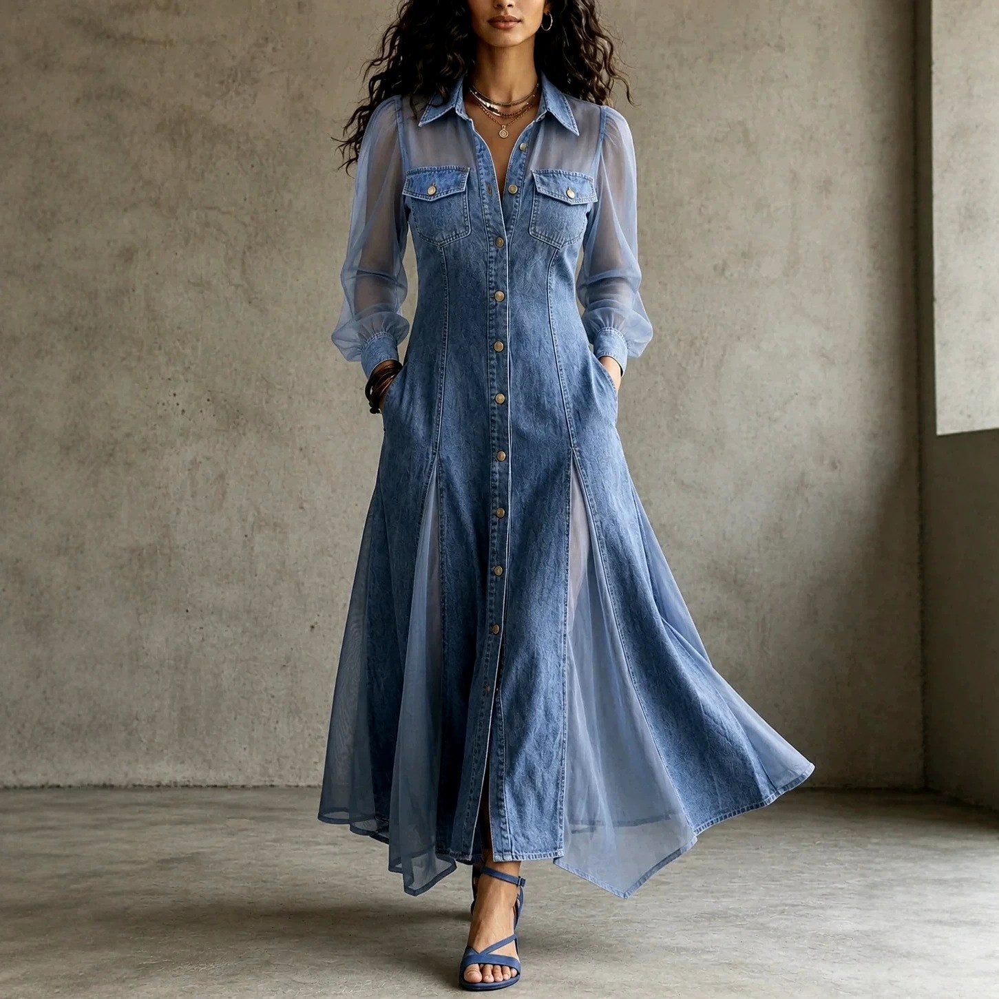 Maude - Women's Denim Sheer Long Sleeve Maxi Dress 1
