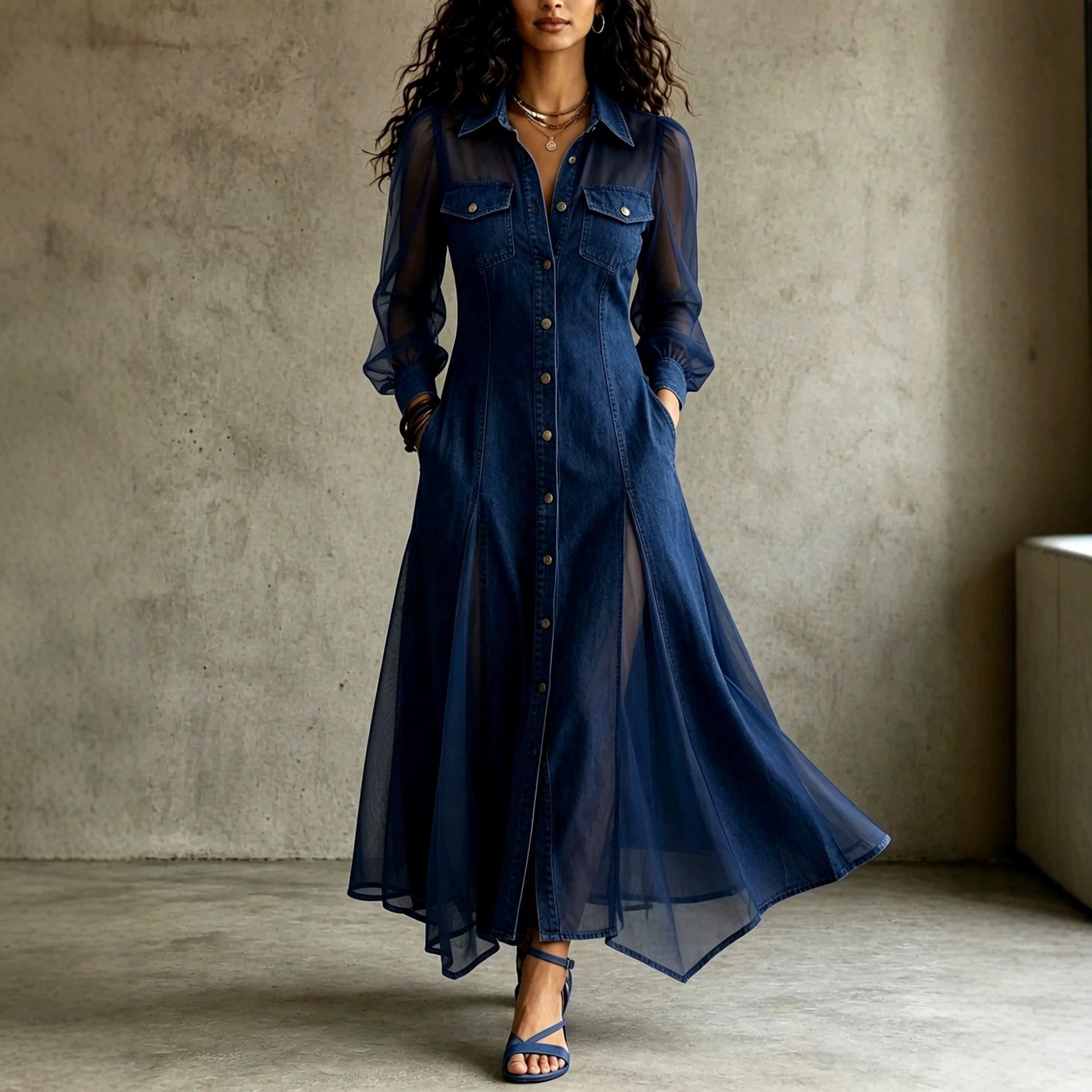 Maude - Women's Denim Sheer Long Sleeve Maxi Dress 2