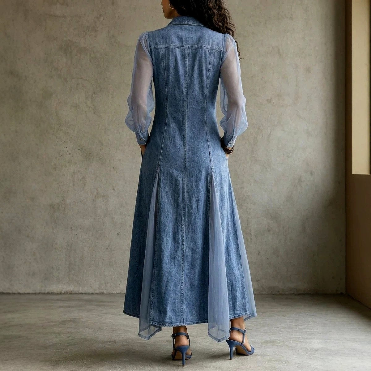 Maude - Women's Denim Sheer Long Sleeve Maxi Dress 4