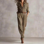 Melanie - Women's Belted Plaid Long Sleeve Jumpsuit 1