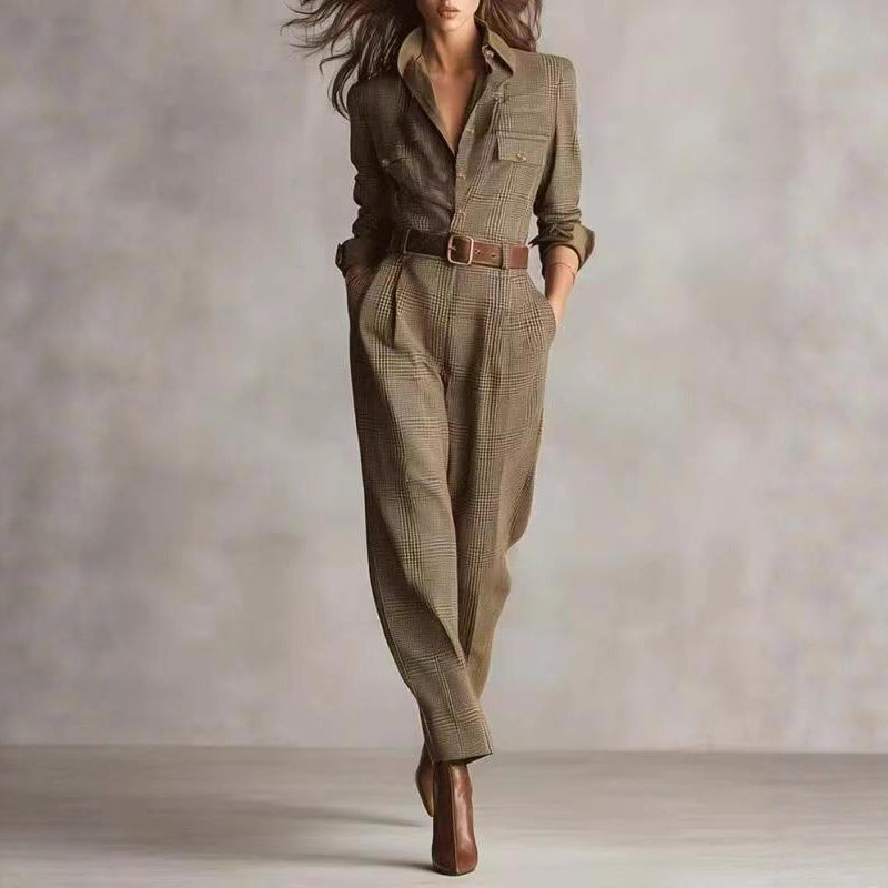 Melanie - Women's Belted Plaid Long Sleeve Jumpsuit 1