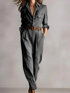 Melanie - Women's Belted Plaid Long Sleeve Jumpsuit 2