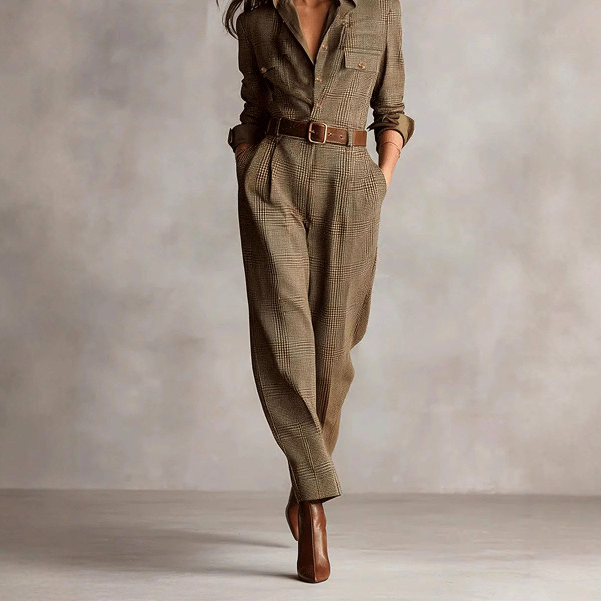 Melanie - Women's Belted Plaid Long Sleeve Jumpsuit 3