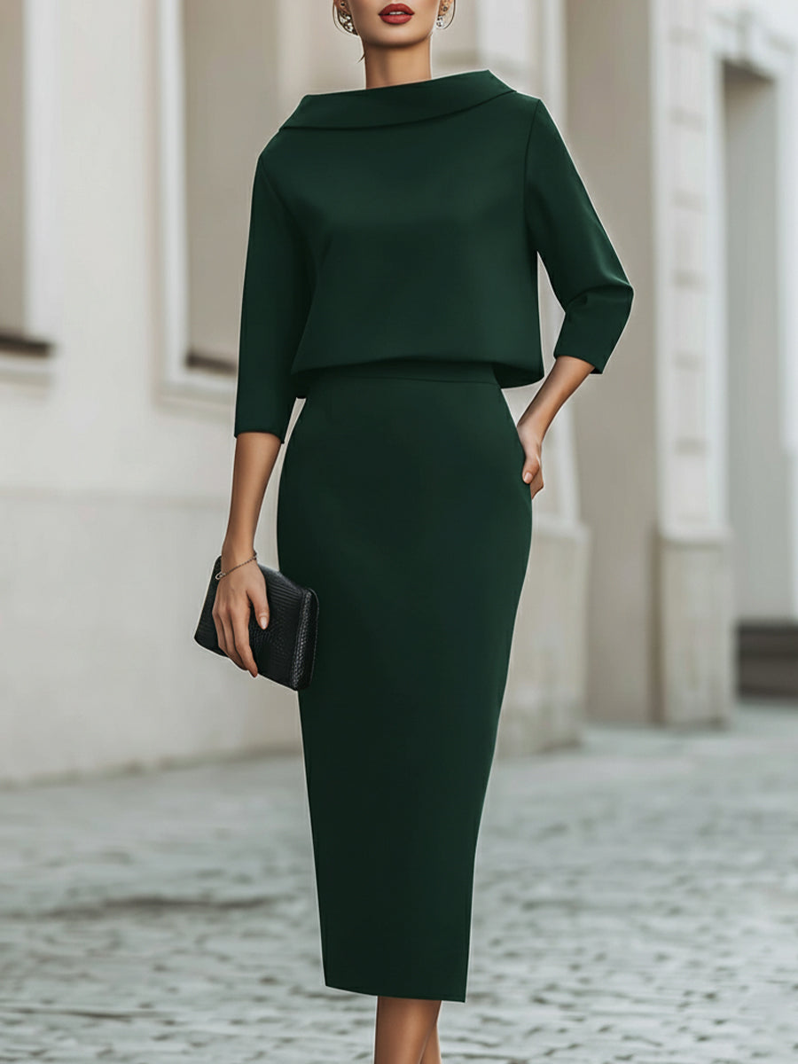 Melody - Women's Boat Neck Two-Piece Skirt Set