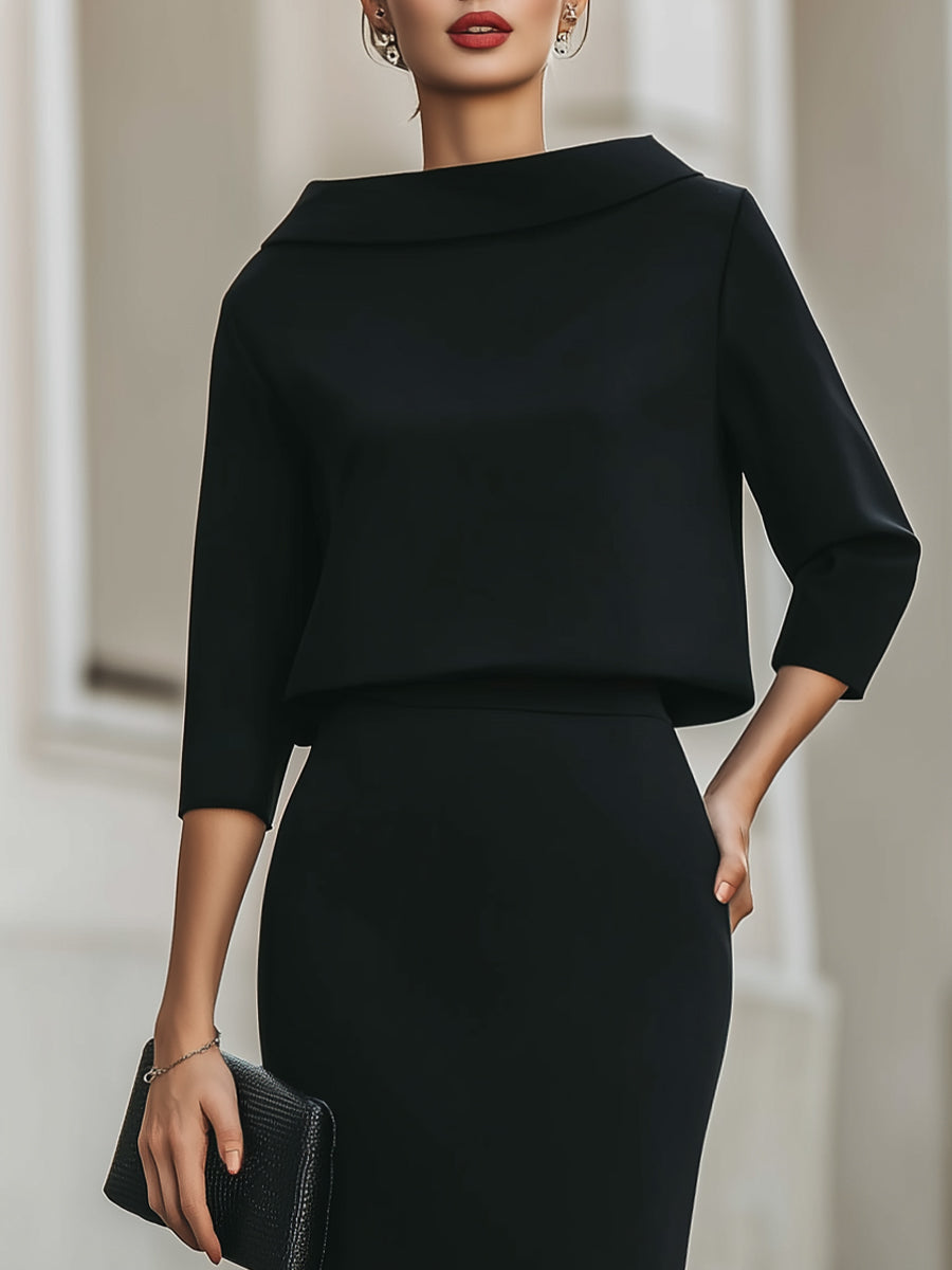 Melody - Women's Boat Neck Two-Piece Skirt Set