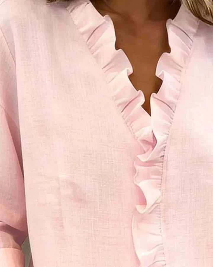 Mia - Women's Ruffle V-Neck Blouse with Long Sleeves