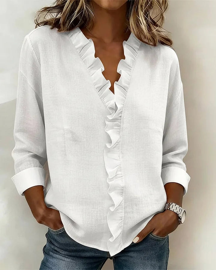 Mia - Women's Ruffle V-Neck Blouse with Long Sleeves