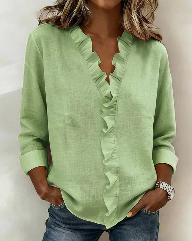 Mia - Women's Ruffle V-Neck Blouse with Long Sleeves