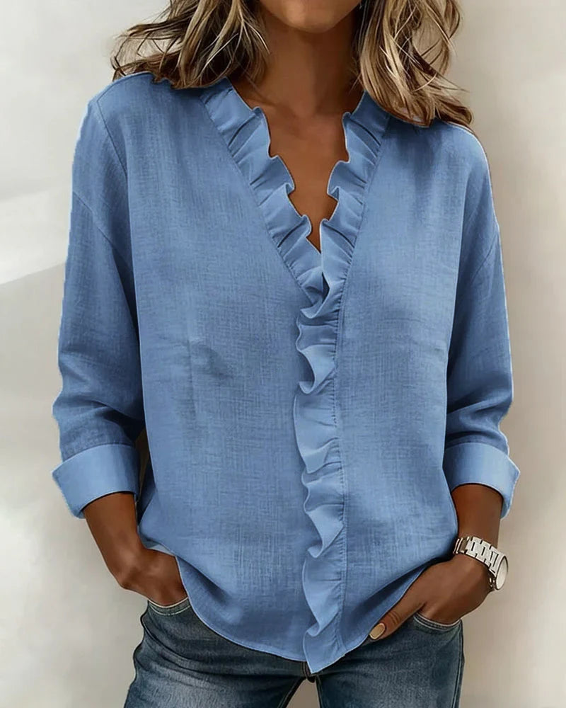 Mia - Women's Ruffle V-Neck Blouse with Long Sleeves