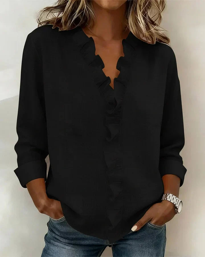 Mia - Women's Ruffle V-Neck Blouse with Long Sleeves