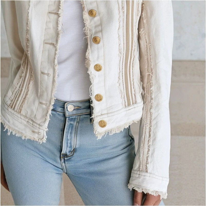 Mica - Women's Frayed Trim Button Front Denim Jacket 6