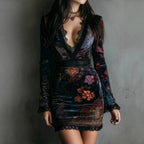 Mirabel - Women's Deep V-Neck Velvet Floral Lace Mini Dress 1