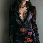 Mirabel - Women's Deep V-Neck Velvet Floral Lace Mini Dress 4