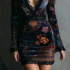 Mirabel - Women's Deep V-Neck Velvet Floral Lace Mini Dress 5