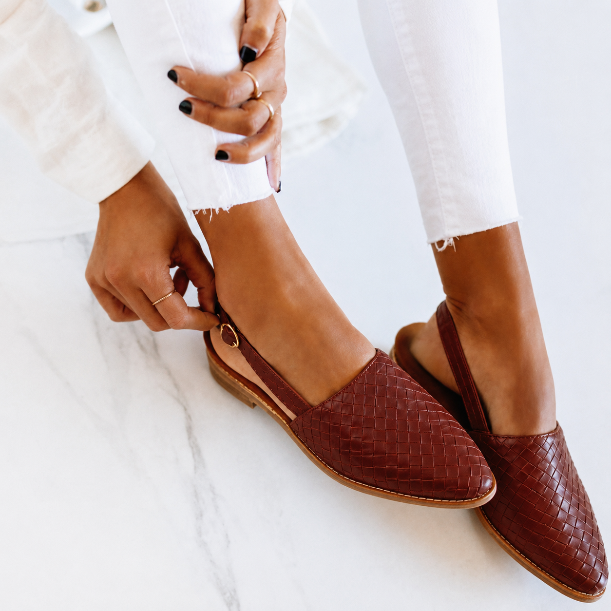 Nadia - Women's Woven Leather Slingback Flats