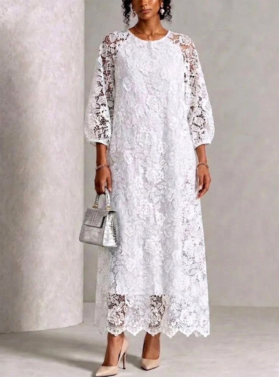 Nadia - Women's Balloon Sleeve Scalloped Hem Lace Dress 2