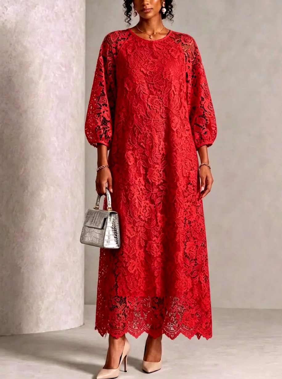Nadia - Women's Balloon Sleeve Scalloped Hem Lace Dress 4