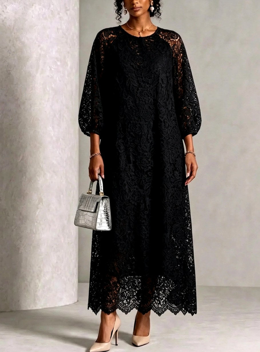 Nadia - Women's Balloon Sleeve Scalloped Hem Lace Dress 6