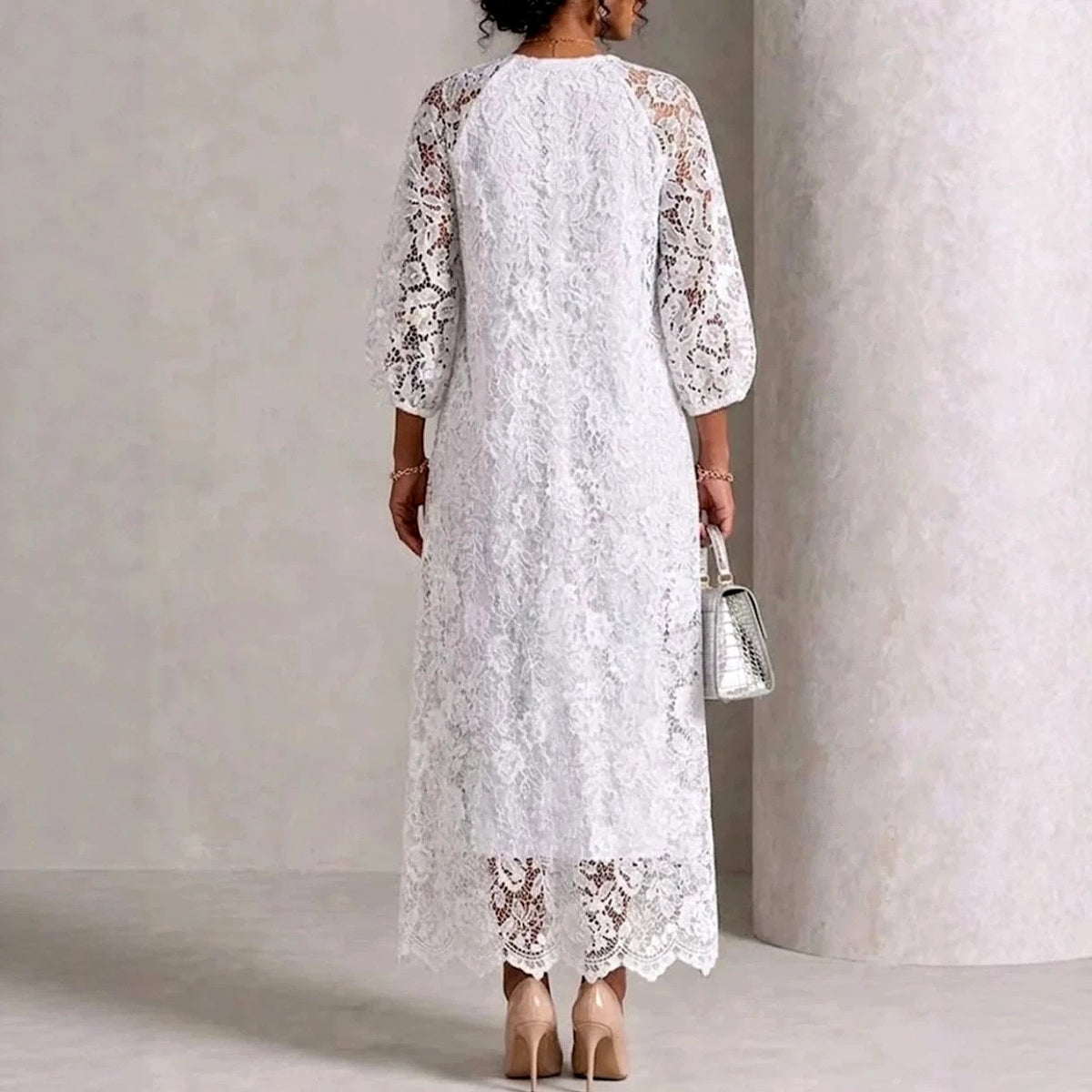 Nadia - Women's Balloon Sleeve Scalloped Hem Lace Dress 8
