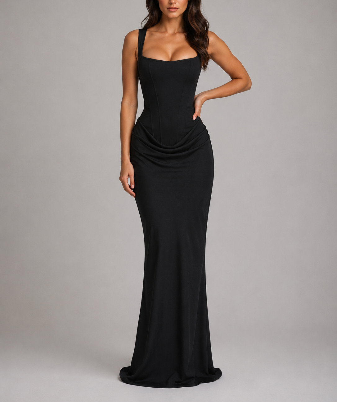 Natalia - Women's Square-Neck Bodycon Maxi Dress with Draped Waist