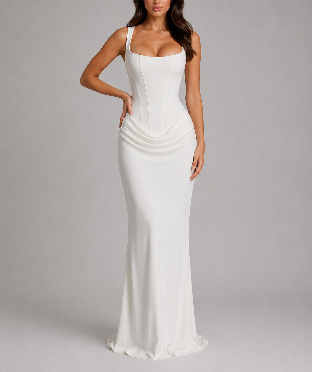 Natalia - Women's Square-Neck Bodycon Maxi Dress with Draped Waist