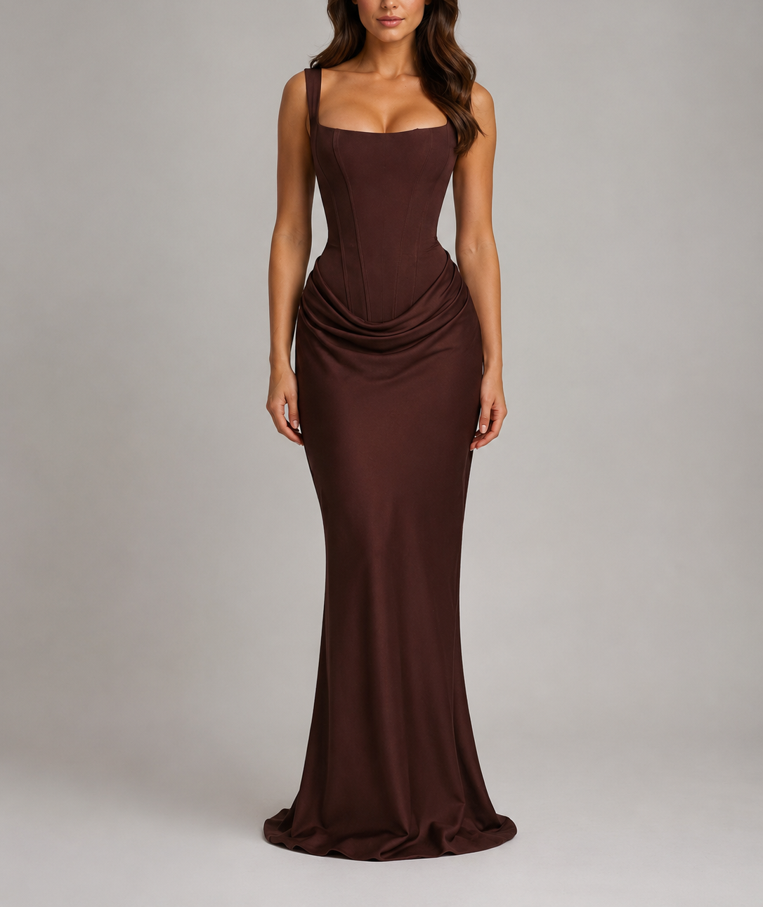 Natalia - Women's Square-Neck Bodycon Maxi Dress with Draped Waist
