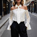 Natalie - Women's Off-Shoulder Lace Tie-Neck Blouse 1