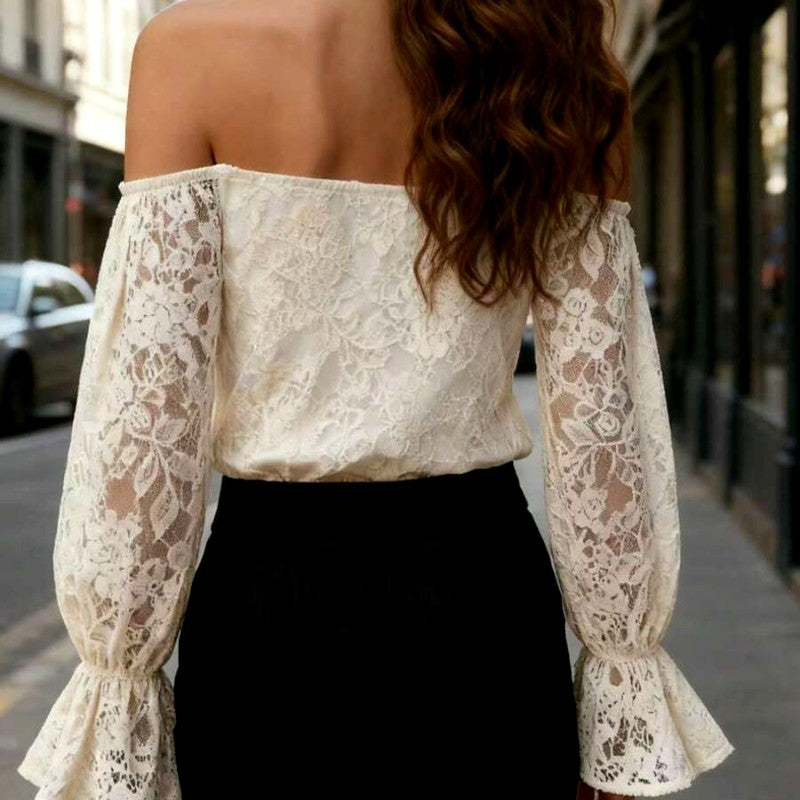Natalie - Women's Off-Shoulder Lace Tie-Neck Blouse 2
