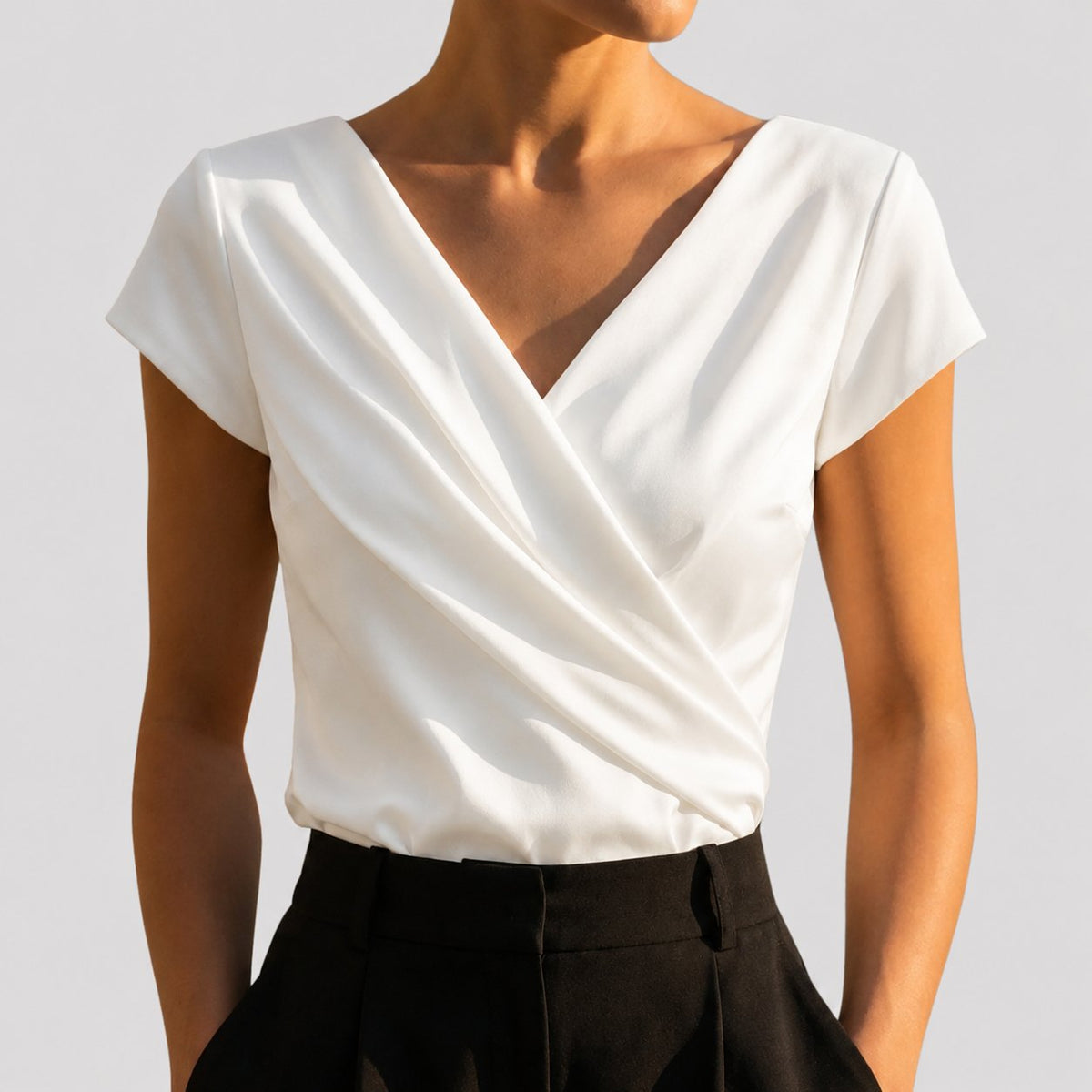 Natasha - Women's Wrap Blouse with V-Neckline and Cap Sleeves