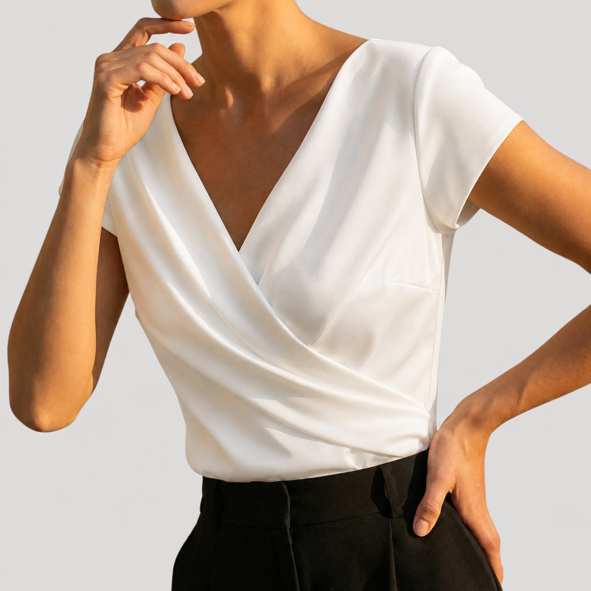 Natasha - Women's Wrap Blouse with V-Neckline and Cap Sleeves