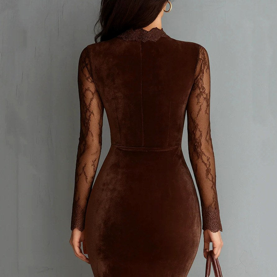 Nora - Women's Velvet Lace Long Sleeve Midi Dress 2