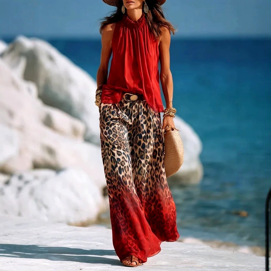 Odette - Women's Leopard Halter Wide Leg Matching Set 2