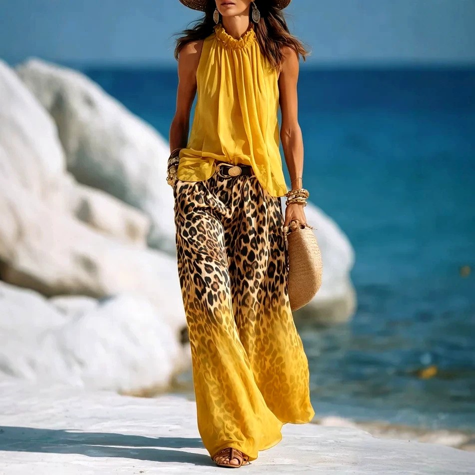Odette - Women's Leopard Halter Wide Leg Matching Set 3