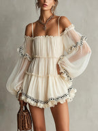 Olive - Women's Off-Shoulder Sheer Sleeve Ruffle Mini Dress 1