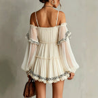 Olive - Women's Off-Shoulder Sheer Sleeve Ruffle Mini Dress 2