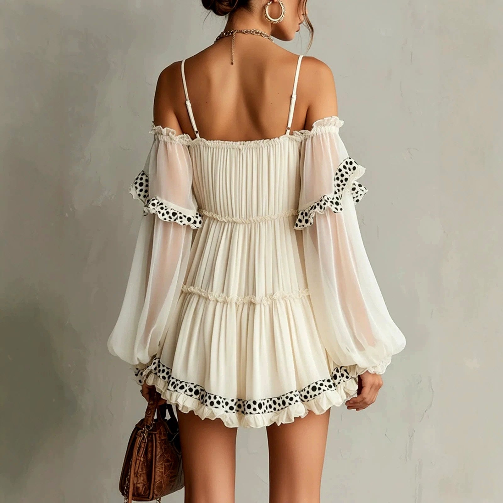 Olive - Women's Off-Shoulder Sheer Sleeve Ruffle Mini Dress 2