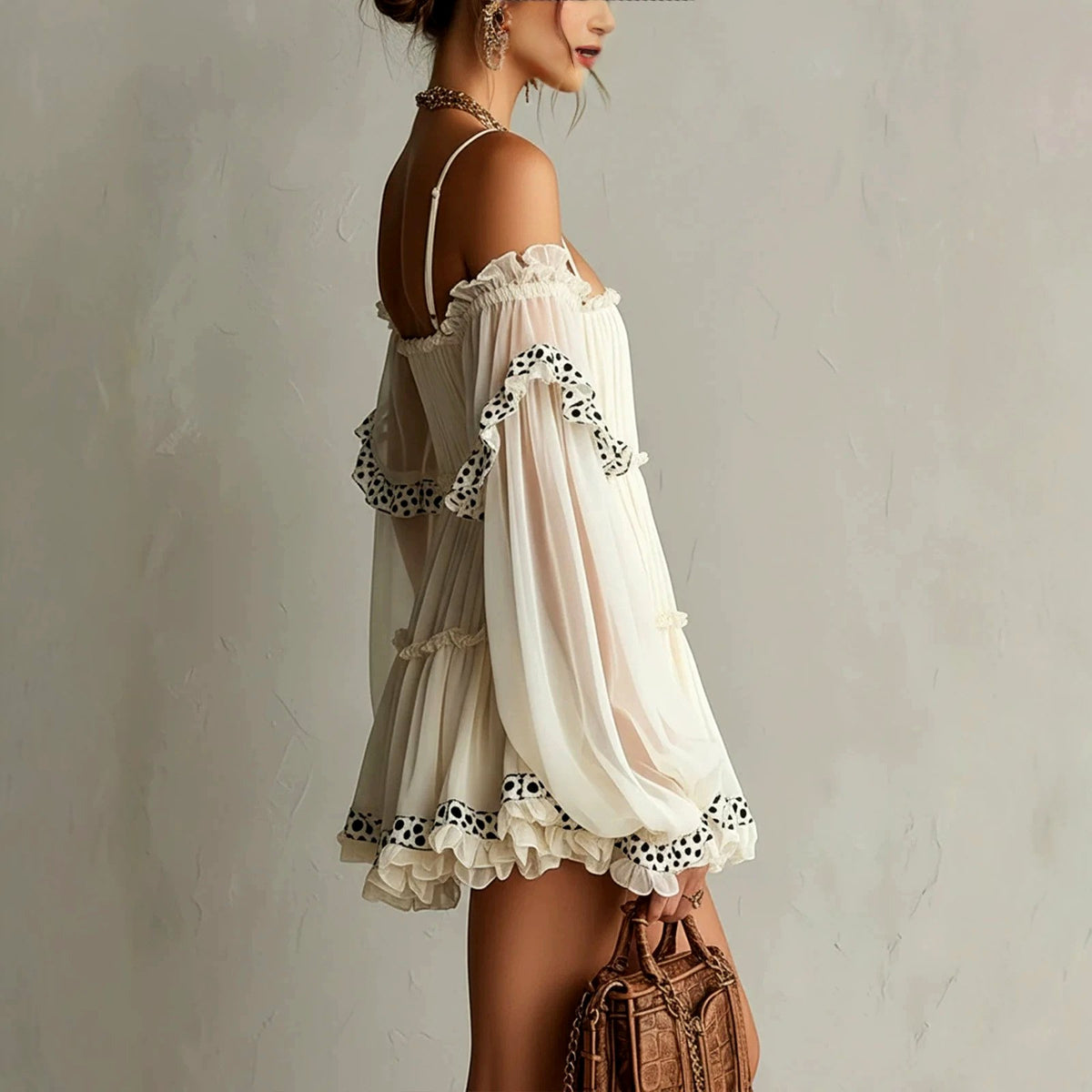 Olive - Women's Off-Shoulder Sheer Sleeve Ruffle Mini Dress 3