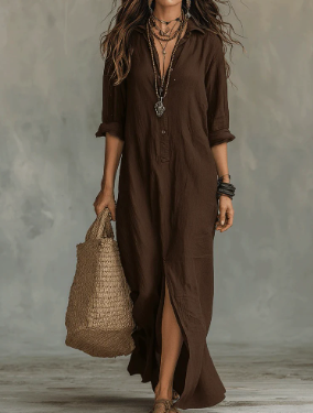 Olivia - Women's Button-Front Linen Maxi Dress
