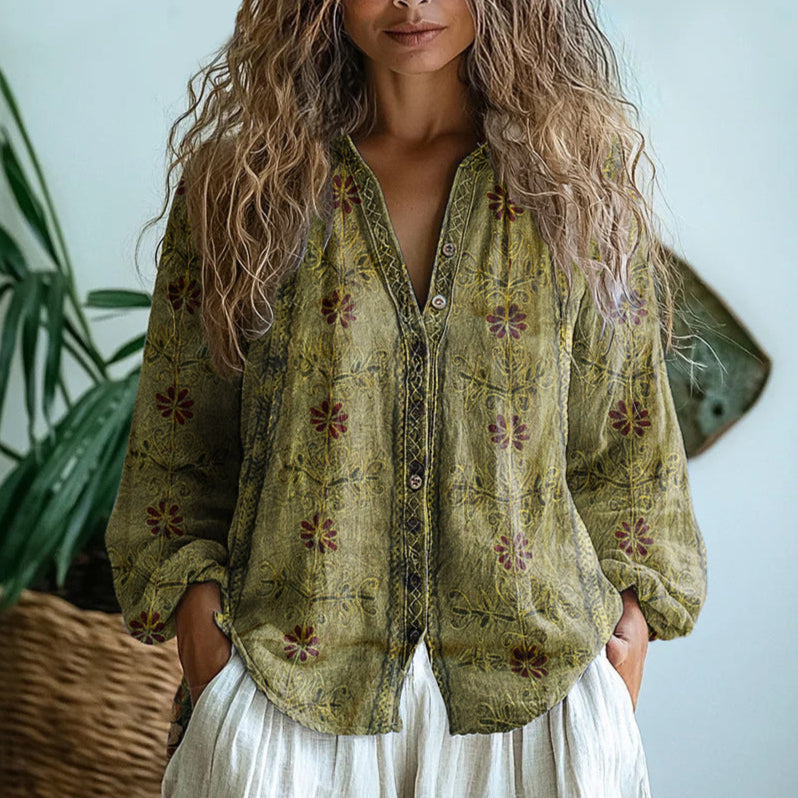 Ophelia - Women's Vintage Print Button-Front Shirt