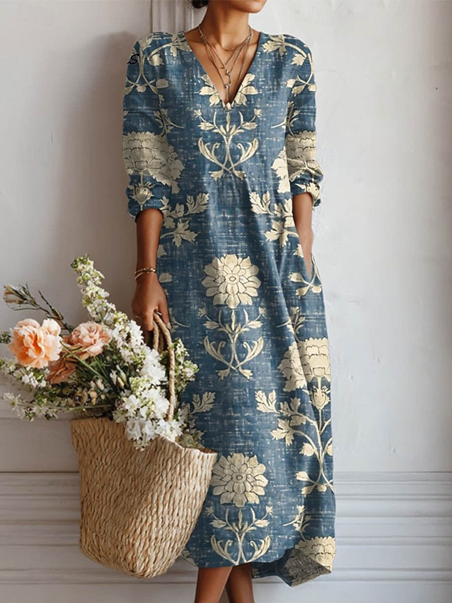 Paisley - Women's Botanical Print Linen V-Neck Midi Dress