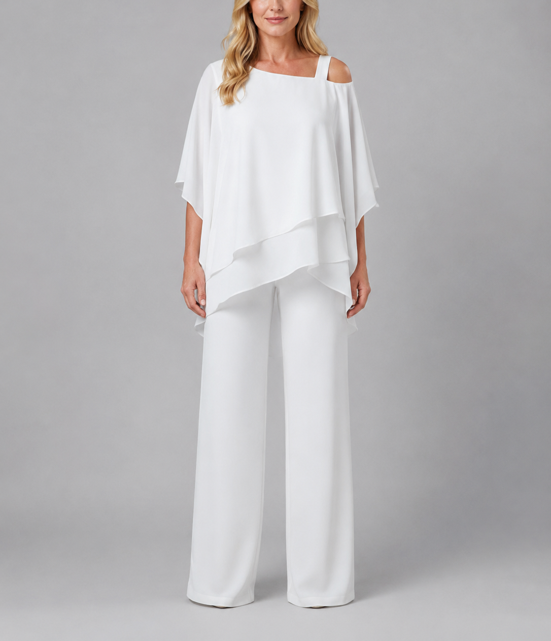 Paloma - Women's Cold-Shoulder Layered Chiffon Trousers Set
