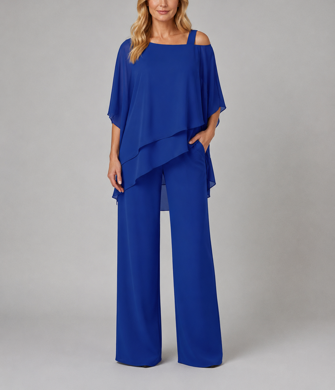 Paloma - Women's Cold-Shoulder Layered Chiffon Trousers Set