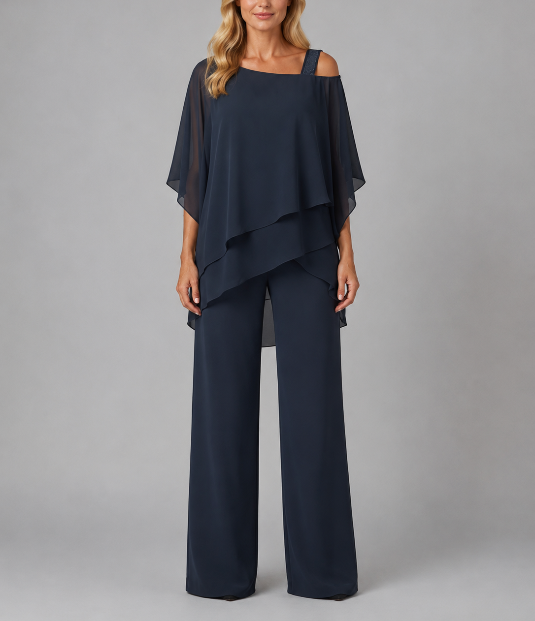 Paloma - Women's Cold-Shoulder Layered Chiffon Trousers Set