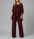 Paloma - Women's Cold-Shoulder Layered Chiffon Trousers Set