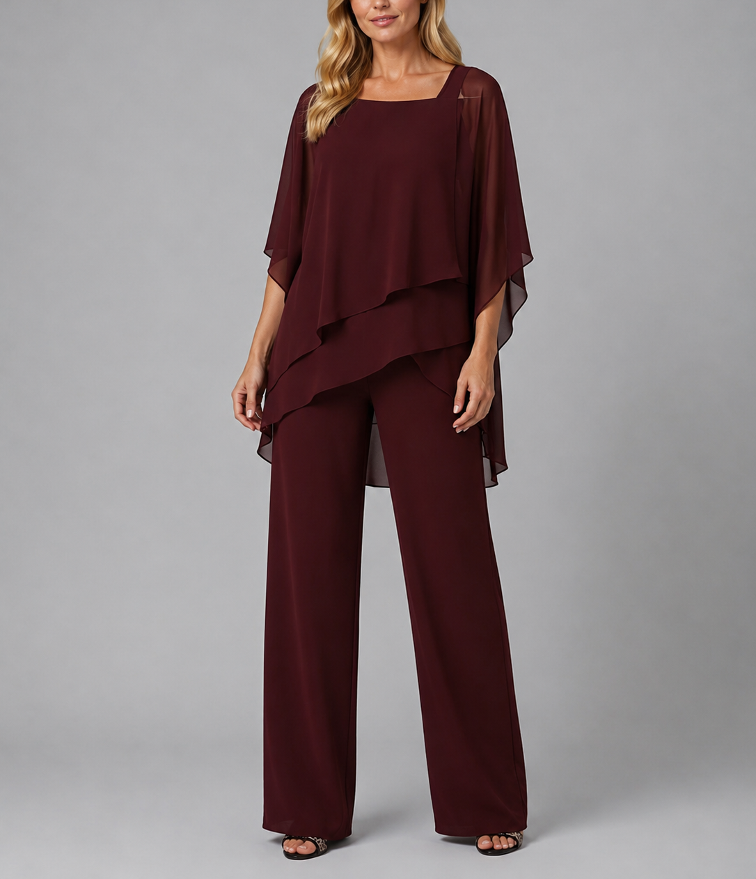 Paloma - Women's Cold-Shoulder Layered Chiffon Trousers Set
